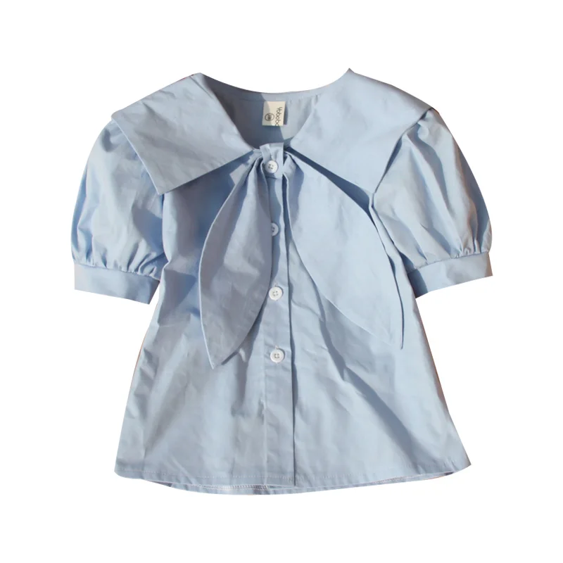 Summer White Shirts for Teenage Girls Fashion Children Puff Sleeve Tops Solid Color Blue Short Sleeve Blouses with Big Bow Tie