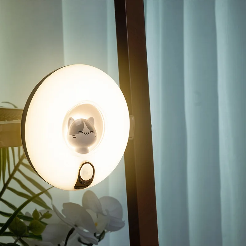

New Doughnut Kitten Night Light Intelligent Human Sensor Night Light Usb Charging Bedroom Bedside Table Lamp