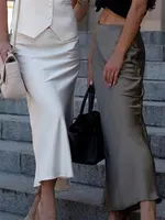 HH, falda lisa Vintage a la moda para mujer, faldas por debajo de la rodilla ajustadas de satén con cintura elástica, ropa de oficina para mujer, falda elegante de sirena para mujer