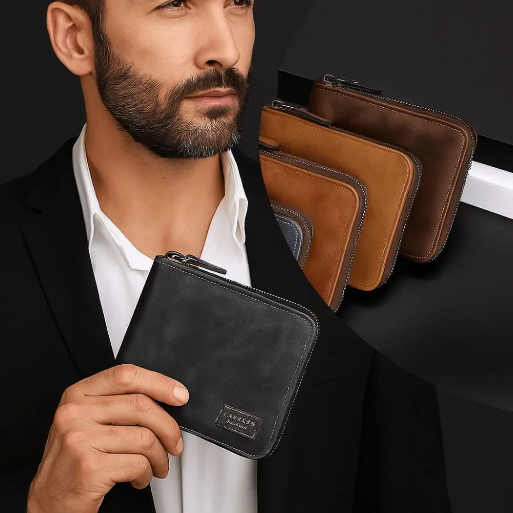 Cartera corta Retro multiposición para hombre, monedero fino de cuero PU de gran capacidad con cremallera, tarjetero multifunción para hombre
