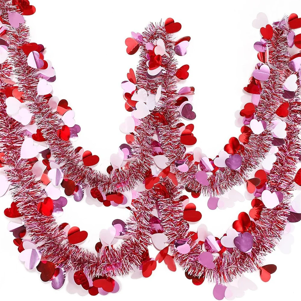 2M Valentines Heart Tinsel Garland Decorations Valentines Day Red Pink Metallic Garland for Wedding Birthday Hanging Decor