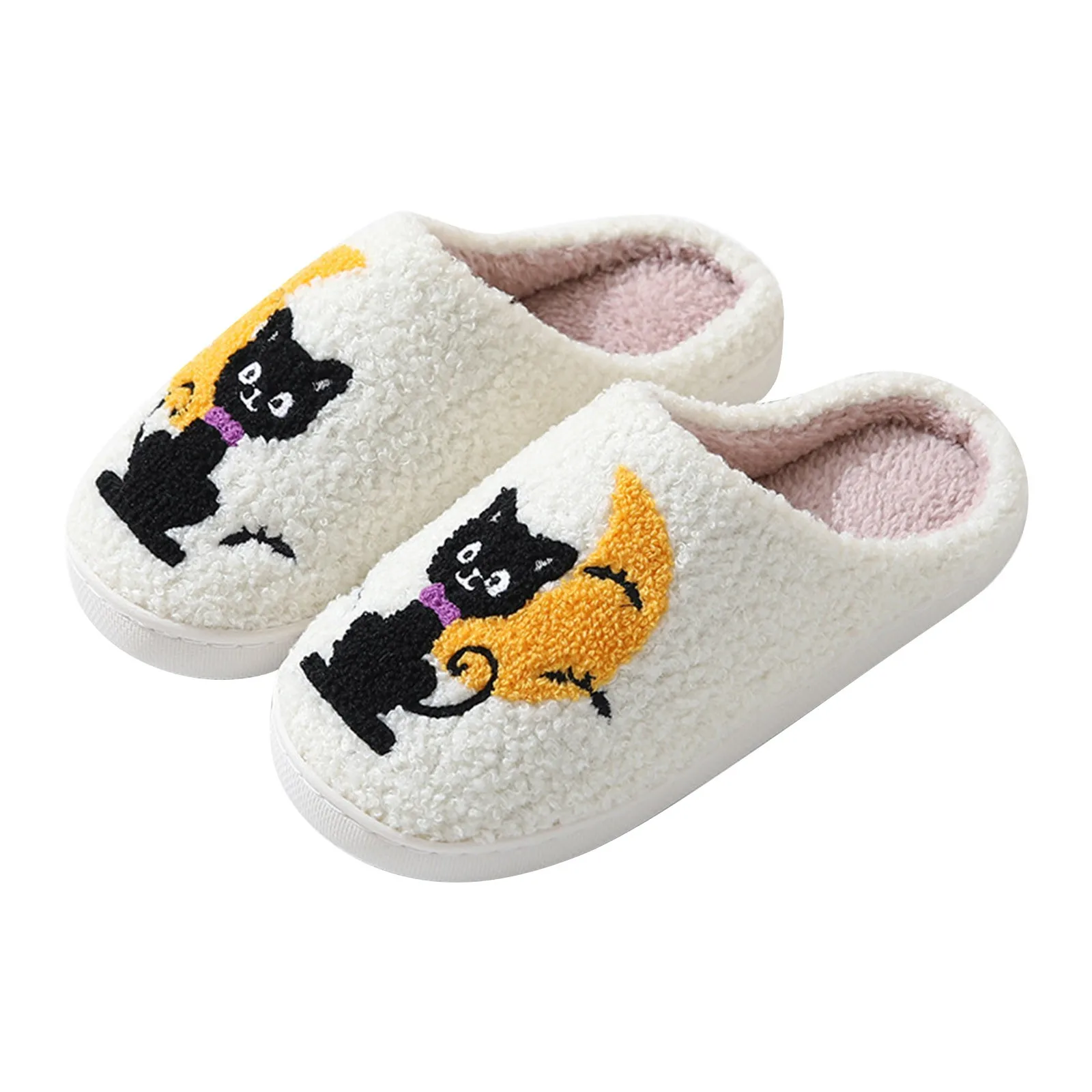 Fall Winter Halloween Cat Witch Print Thick Warm Plush Slippers For Man Woman Indoor Outdoor Causal Cute Non-Slip Bedroom Shoes