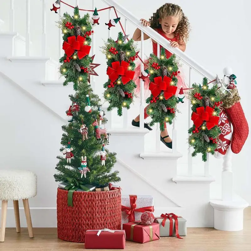 Christmas Wreath Garland For Stairs | Christmas Wreath With Red Bow | Garden Pine Branches And Cones Garland Doorway Ornament