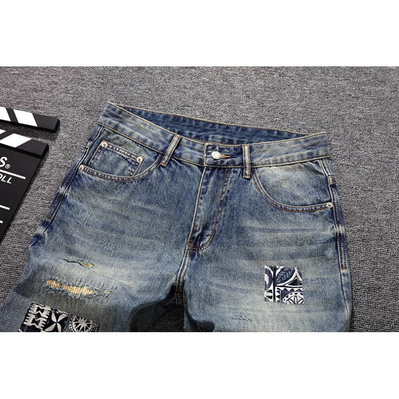 

Fashionable street ripped fabric printed jeans for men, loose straight leg wide leg retro and cool Y2K pants