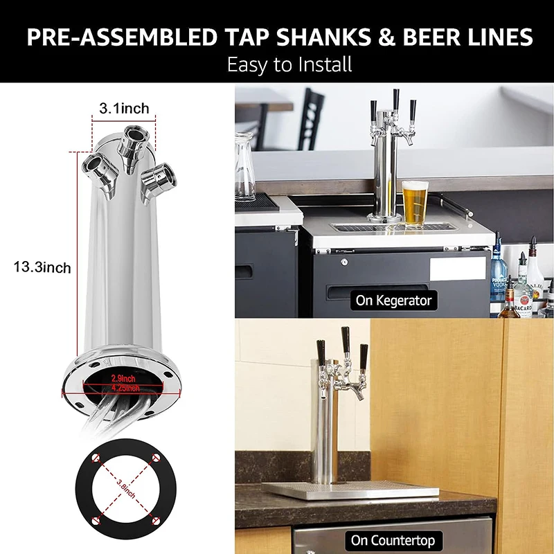 3 Faucet Draft Beer Tower,Three Tap Kegerator Tower,Stainless Steel 3\