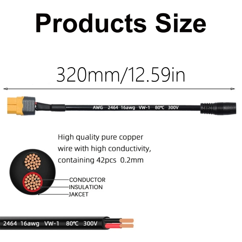 XT60 to DC7.9 มม. x 0.9 มม., 14AWG 8 มม. ทองแดงลวดสำหรับเครื่องกำเนิดไฟฟ้าพลังงานแสงอาทิตย์และแผง