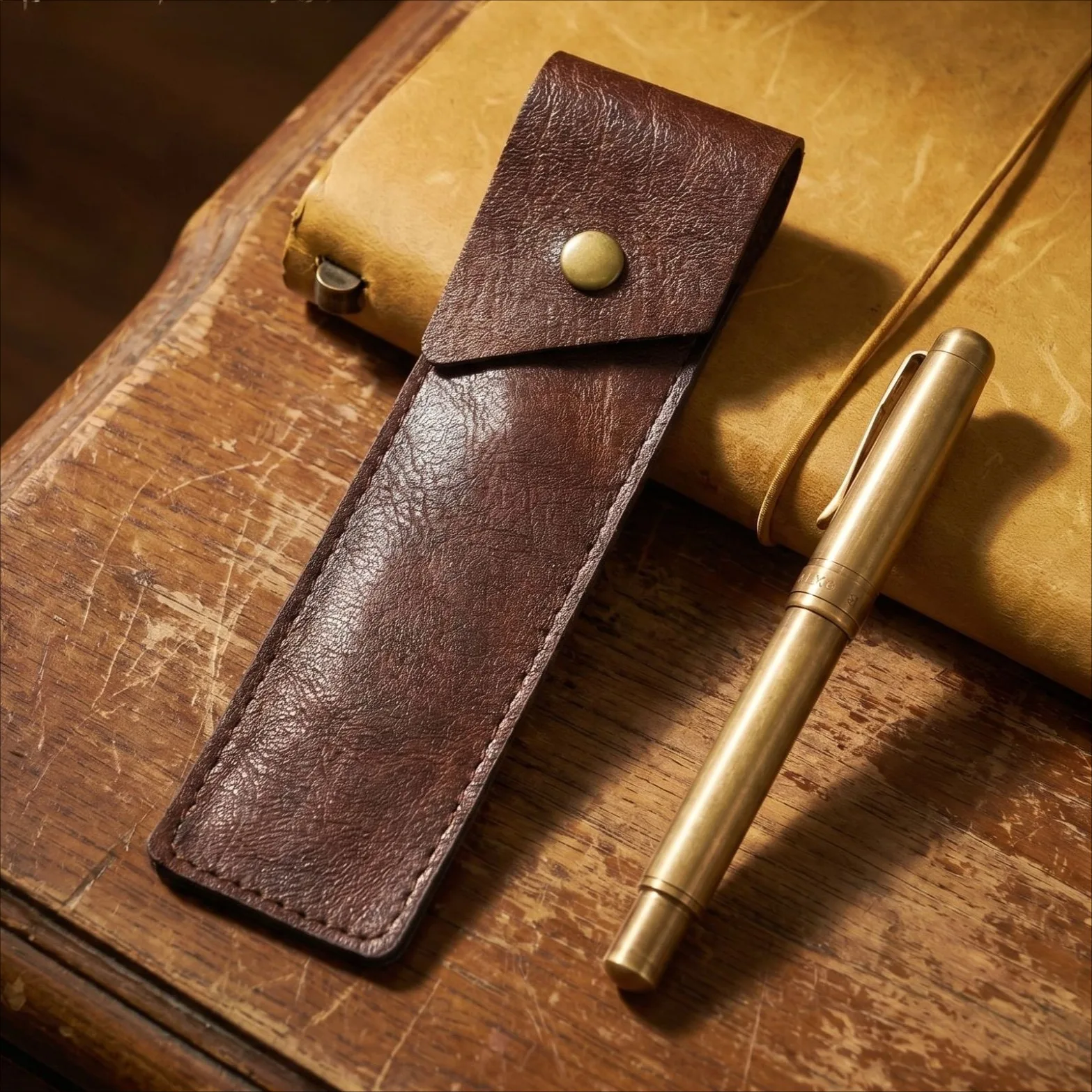 Premium Handcrafted Textured PU Leather Pen Holder, Practical Metal Snap Design Dual Pen Slots Slim Portable Stationery Pouch