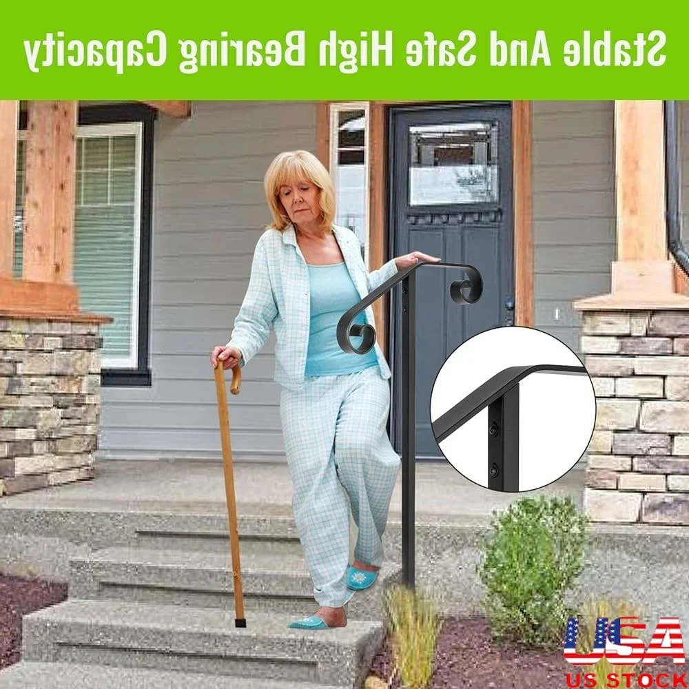 Wrought Iron Single Post Handrail Step Support Durable Ornamental Railing Easy Install Grab Bar Stairs Garden Porch