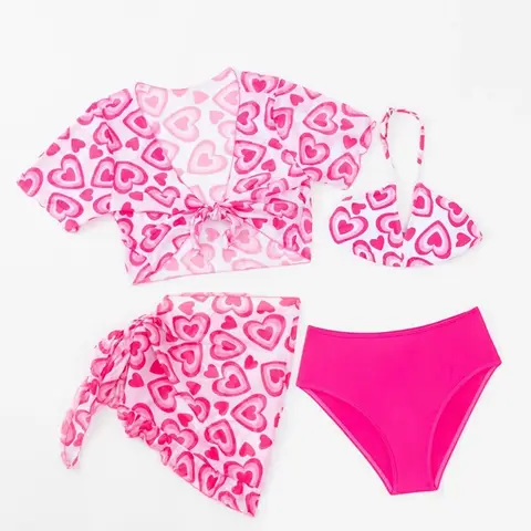 เด็ก 4-12 ปีเด็กชุดว่ายน้ําเด็กหญิง 4 แพ็ค Love พิมพ์ชุดบิกินี่กระโปรงชายหาดแขนสั้น Crop Top ชุดว่ายน้ํา