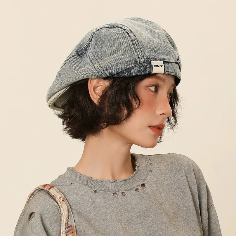 Boina de mezclilla retro de calidad para mujer, versátil, lavada, estilo vintage, para verano, con gran circunferencia de cabeza que estiliza el rostro, gorra frontal.