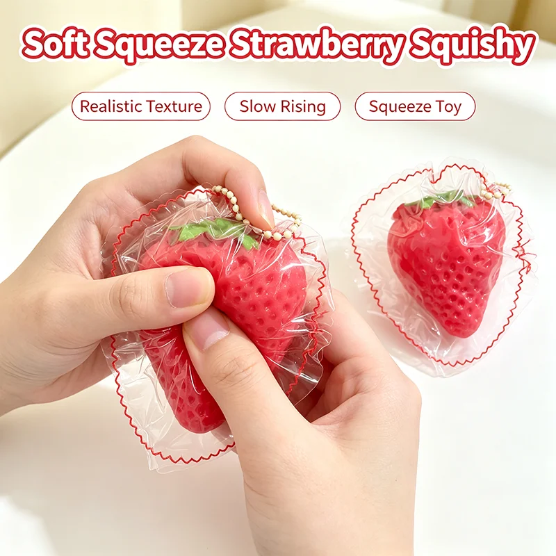 Cute Strawberry Squishy Pendant Toy Bag Charm Super Soft Slow Rising Squeeze Keychain Portable Stress Relief Fidget Gift Girls