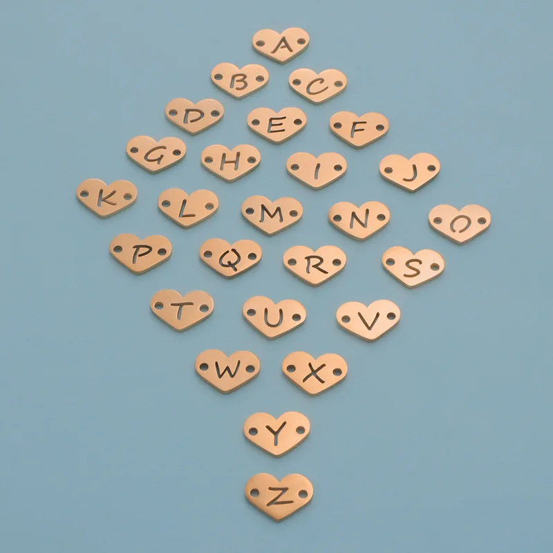 10Pcs/Lot 9*12mm Mirror Polish Stainless Steel Heart Letter  Initials Alphabet Connector Charm For Braid Bracelets