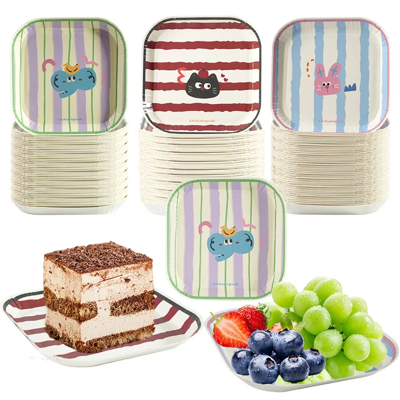 Platos de papel cuadrados desechables de dibujos animados, suministros de cocina ecológicos para fiestas, pasteles, postres, almuerzo, plato de papel para Picnic, 10-50 Uds.