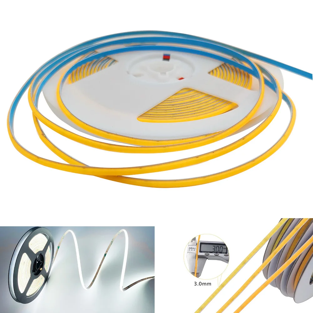 12V 384LED/m 3mm Super Slim COB LED Strip Light for Car Room Warm Cool White Flexible Linear Tape Lights Bar Narrow