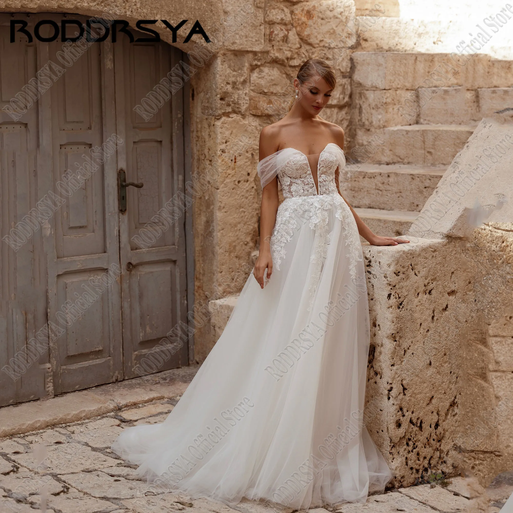 

RODDRSYA Beading V-Neck Wedding Dresses 2024 Bride Off Shoulder Backless Applique Bridal Gowns A-Line Lace Civil Robe De Mariée