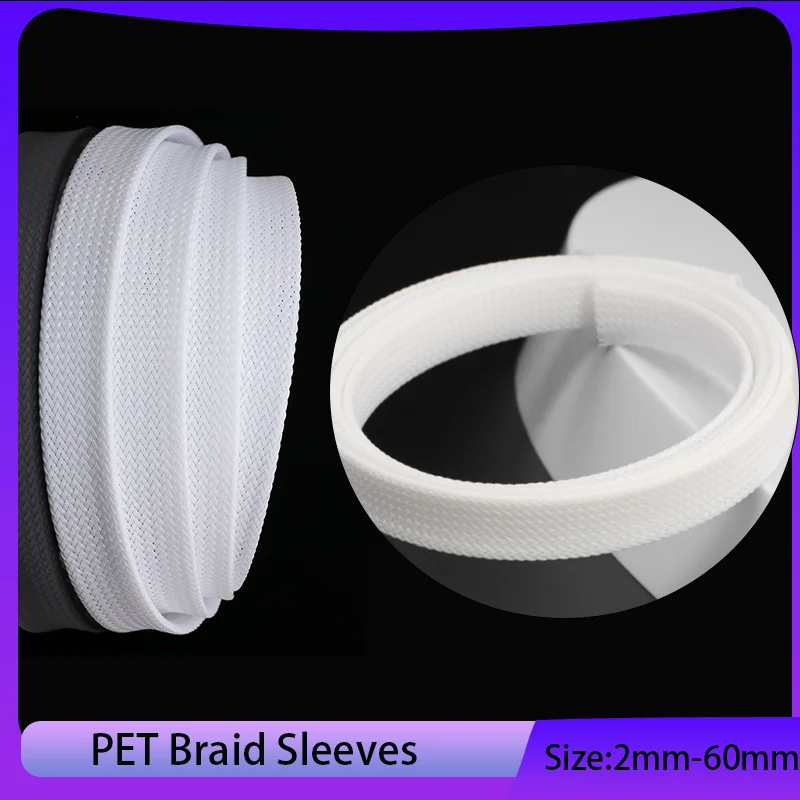 

White PET Braid Cable Wrap Sheath 5-50m High Density Insulated Snake Skin Flexible Tube for Cables 2-60mm Diameter Range