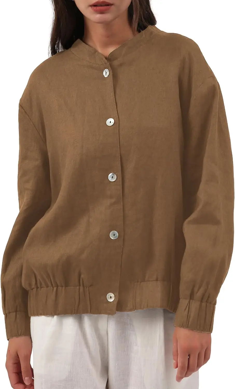 

100% Linen Fall Women's Long Sleeve Solid Color Button Short Clip Casual Loose Commuter Shirt