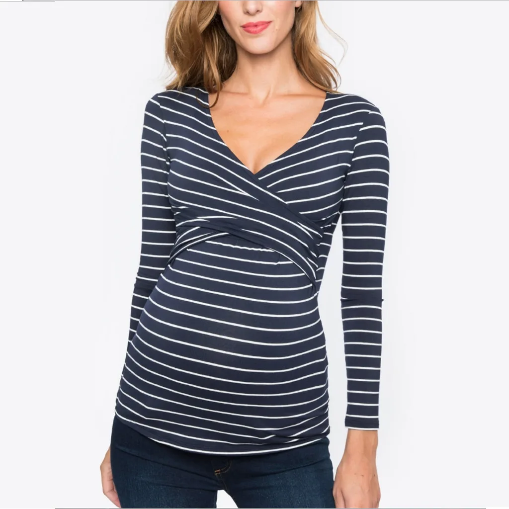 New Women\'s Striped Maternity Long Sleeve Solid Color Nursing Top T Shirt V Neck Fashion Casual Maternity Breastfeeding Top