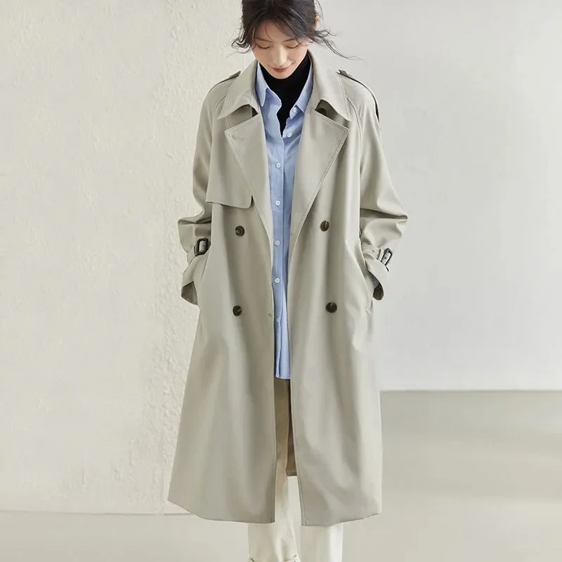 

Уличная одежда, свободный плащ длиной миди, модный корейский элегантный хаки, черный женский ветровка, повседневные двубортные топы