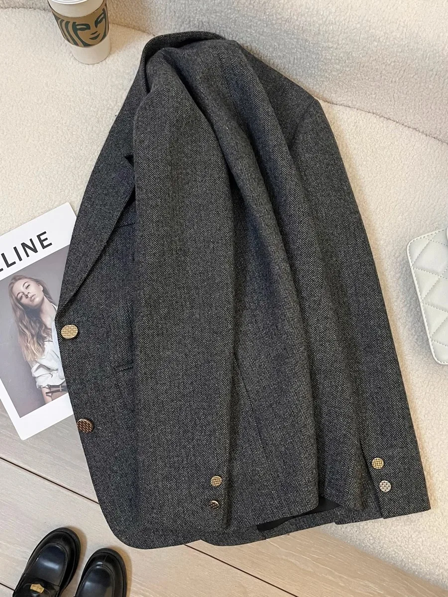 Spring 2024 clothes women's coat casual gray woolen blazer suit loose long sleeve jacket