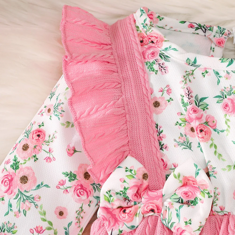 Niedlicher Langarm-Overall mit Blumenmuster für Babymädchen im Herbst, Lässiger und Entzückender Baby-Mädchen-Overall mit Haarband – Detail 3