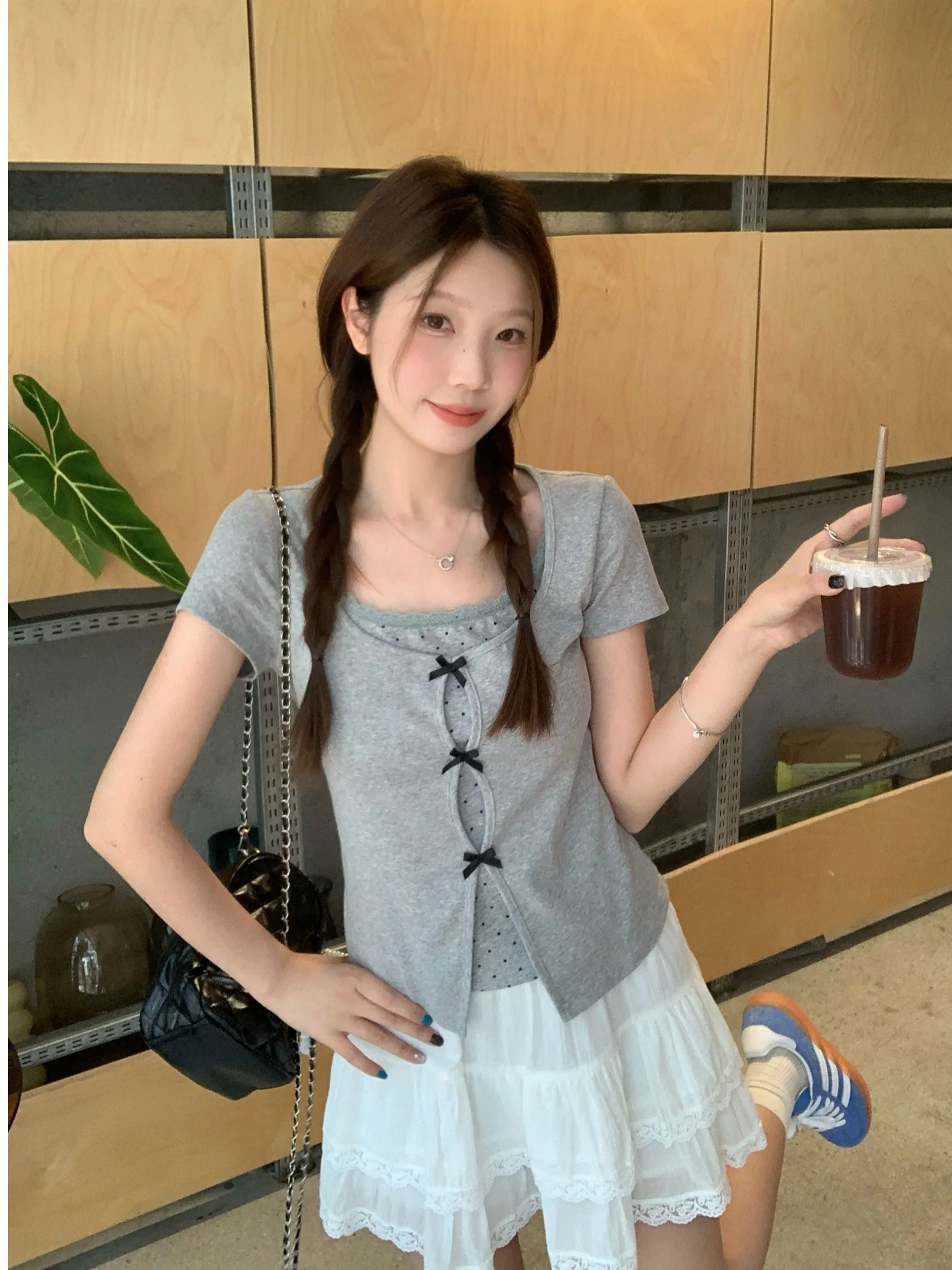

plus Size Women's Sweet Polka Dot Lace Short Sleeve T-Shirt Knot Waist-Cinching Top Korean Style Commute Fashion