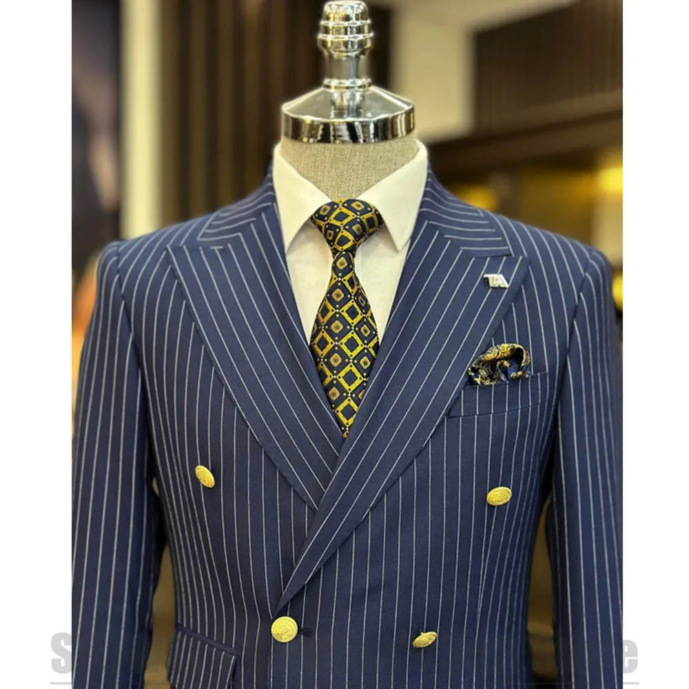 Men Striped Two Piece Suit Double Breasted Peak Lapel Slim Gold Buttons Outfit Wedding Business Formal Casual Party Wear