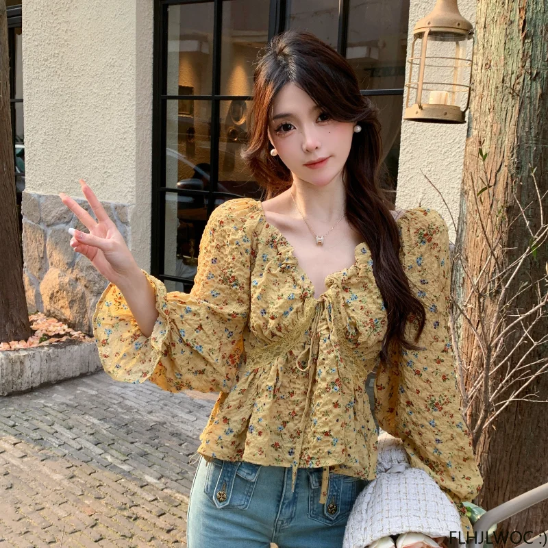 2023 Spring Summer Korea Chic Tops Blusas Fashion Flhjlwoc Design Short Crop Peplum Floral Print Sexy Off Shoulder Women Blouses