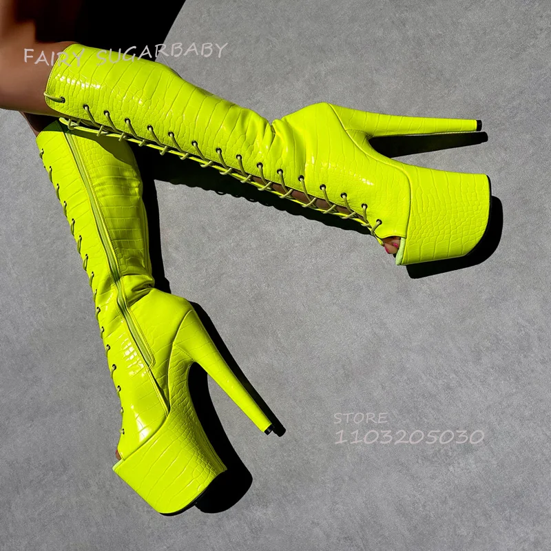 Bright Yellow Dazzling Dance Boots Platform Women Lace Peep Toe Zipper Knee Booties Calf Open Shoes Pole Dance Sexy Girls Shoes