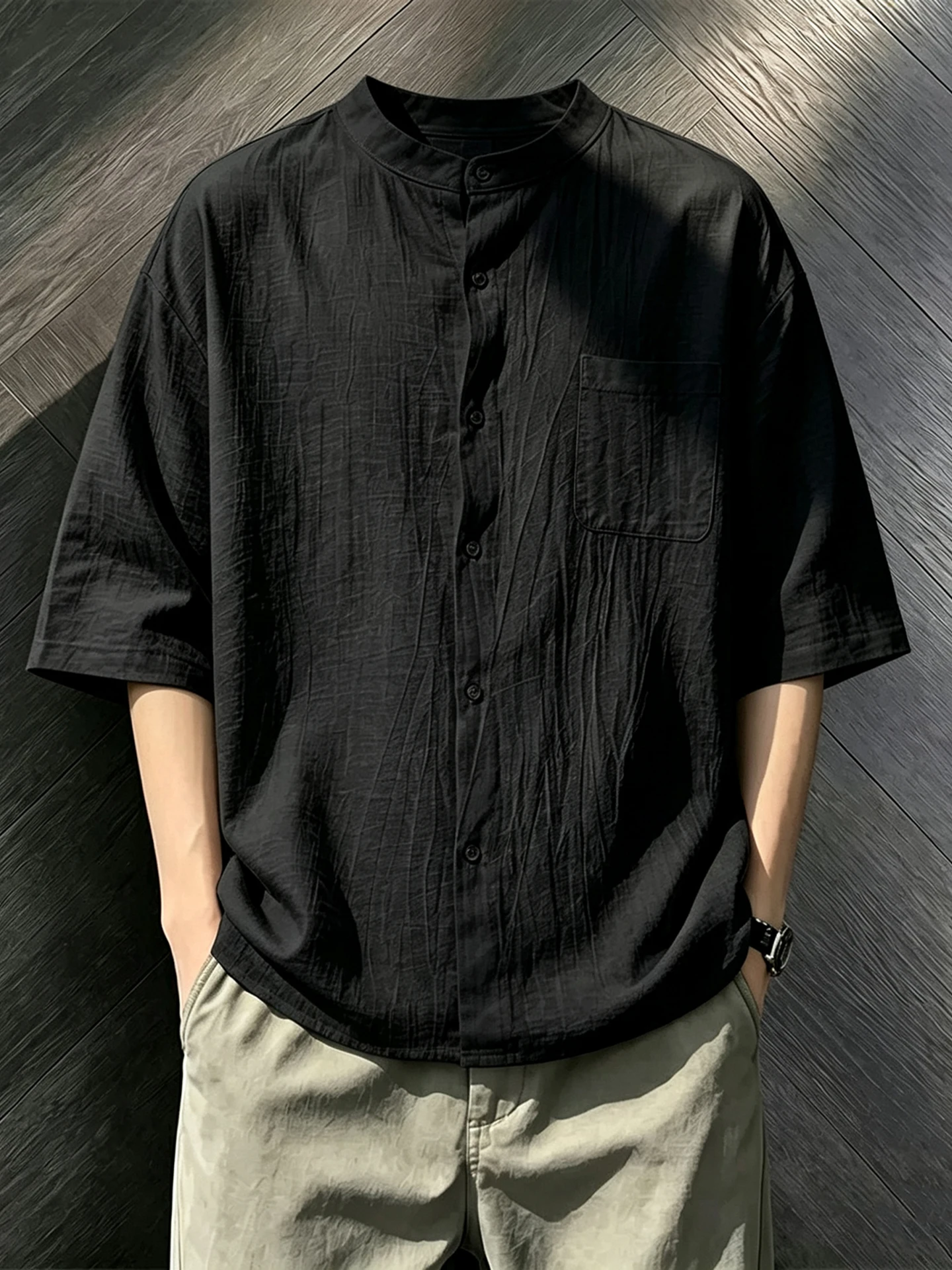 Lightweight Breathable Cotton Linen Short Sleeve Shirt Men Summer Loose Fit Sun Protection Top White Silk Linen Casual Style
