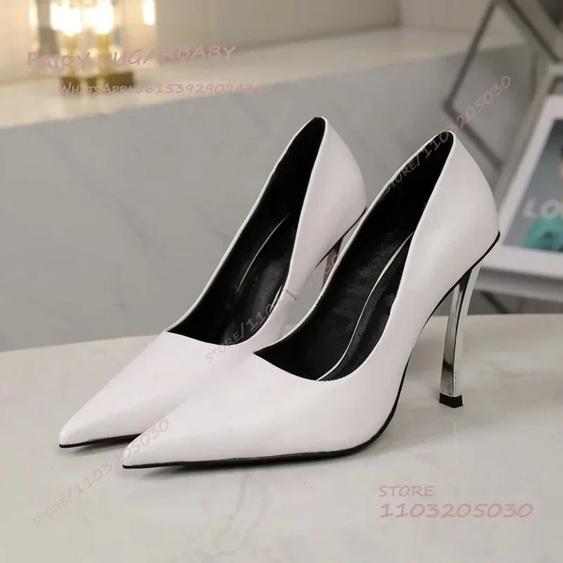 Womens Dress Pumps Pink Girls Silver Stilettos Metal Pointed Heels White Leather Red Sexy Dinner Party Dress Shoes Women Autumn