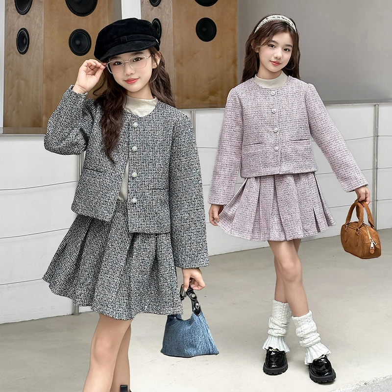 

autumn 4-14 pink black chic teen girls skirts sets round neck jacket+pleated skirt 2pcs junior kids clothes suit child outfits