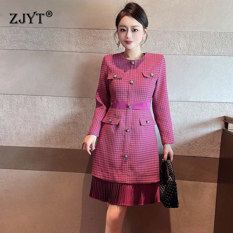 

ZJYT Designer Elegant Women's Autumn Tweed Dress Long Sleeve 2024 Fashion Plaid Pleated Casual Dress Female Clothing Vestidos