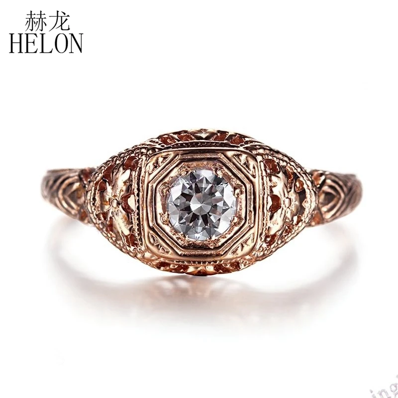 

HELON Women Wedding Vintage Fine Jewelry Moissanite Ring Solid 14k 10k Rose Gold Round 4mm Lab Grown Diamond Engagement Ring