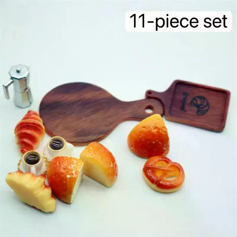 Ornaments Kids Kitchen Pretend Play Toy DIY Accessory Gifts Cute Dollhouse Miniatures Coffee Bread Breakfast 11-Piece Set Model