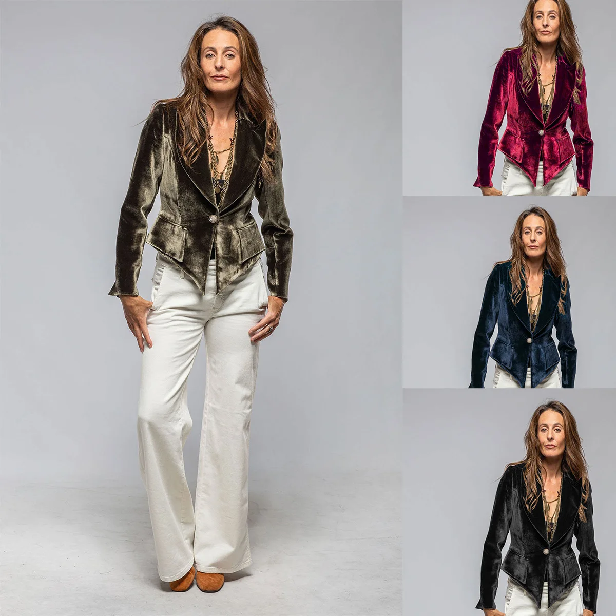 

Spring Autumn Elegant Golden Velvet Jacket for Women Single Buckle Slimming Blazer Jacket Lapel Multiple Pockets Short Coat