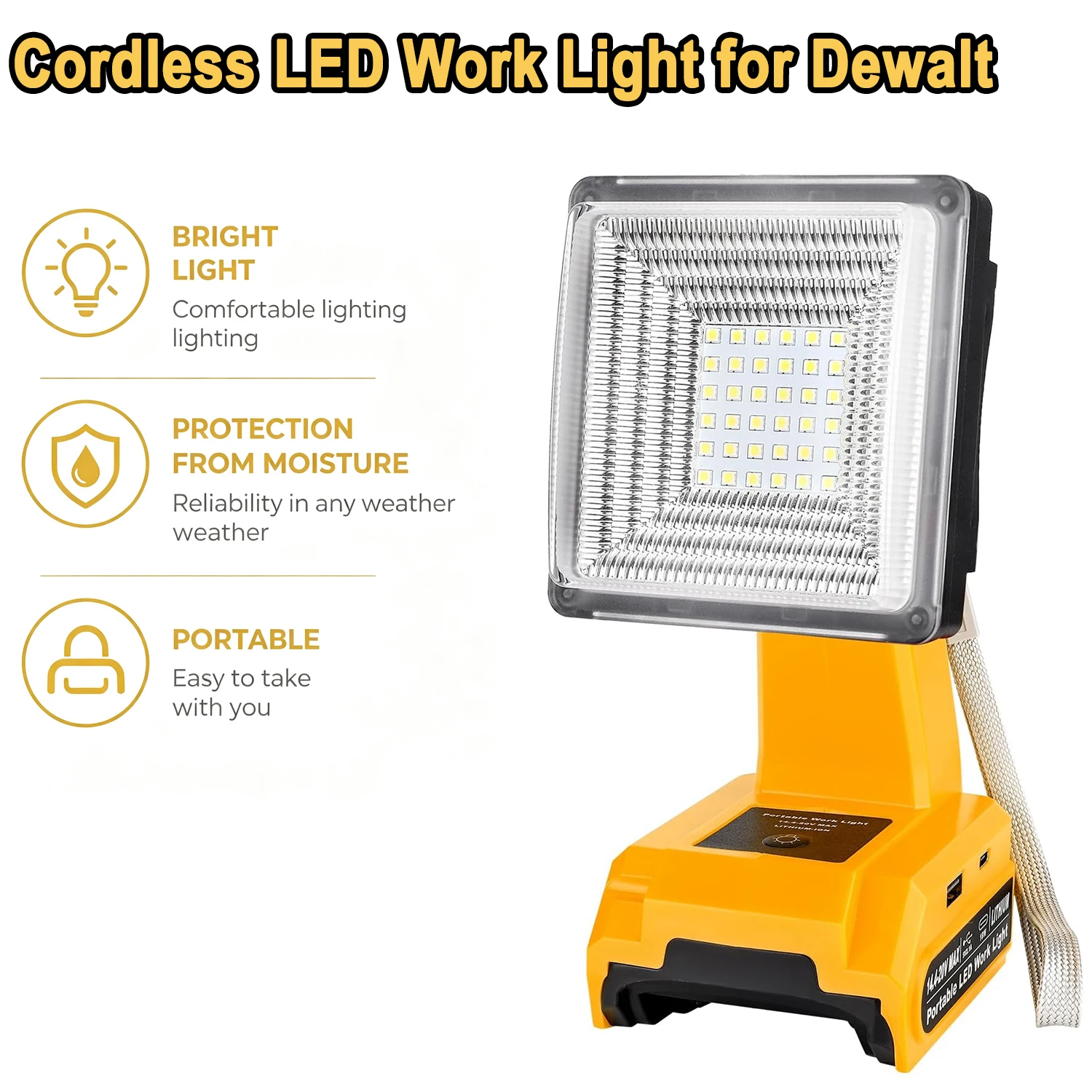 Portable Outdoor Light LED Cordless Work Light for Craftsman/Makita/Milwaukee/Dewalt/Bosch/Black&Decker/Ryobi with dual USB