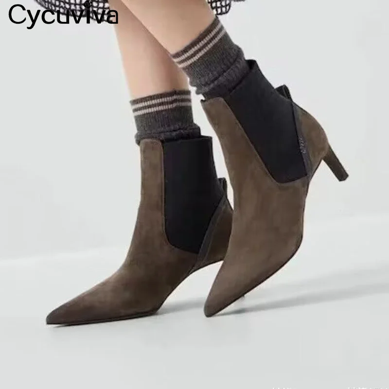 

Pointed Toe Suede Chelsea Short Boots Women Designer Thin High Heel Sock Boots Autumn Fashion Party Ankle Boots Women Mujer 2023