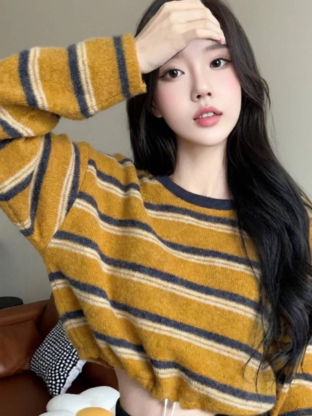 

Fashionable Thick Knitted Rabbit Fur Long Sleeve Sweater Loose Fit Autumn Winter New Style City Walk Skin Friendly Breathable