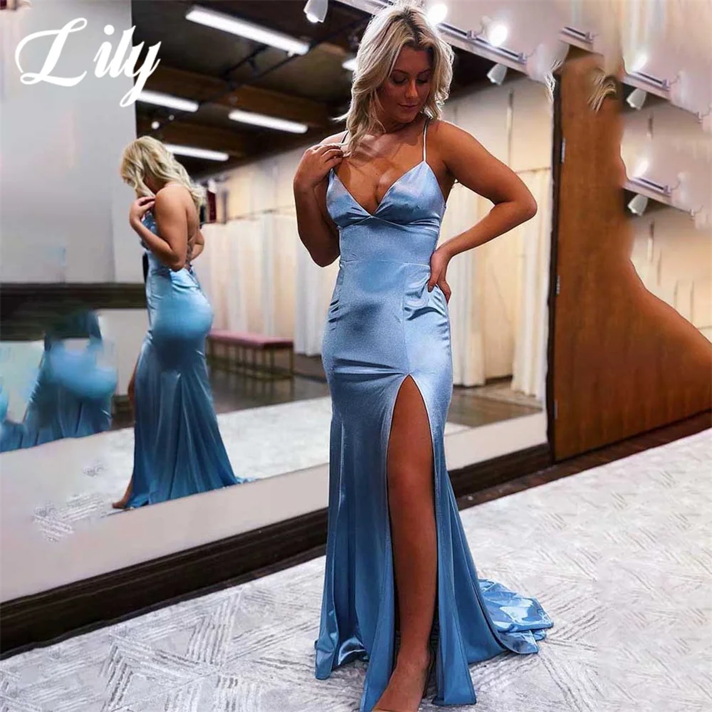 

Lily Blue Evening Gown Mermaid Sexy Backless Prom Dresses Satin Pleat V-Neck Side Split Wedding Evening Dress robes de soirée