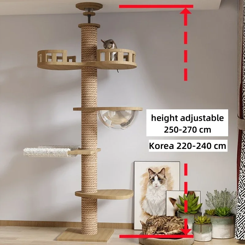 Height Adjustable Wooden Cat Tower Condo Sisal Rope Cat Scratching Posts Pet Hammock Cat Bed