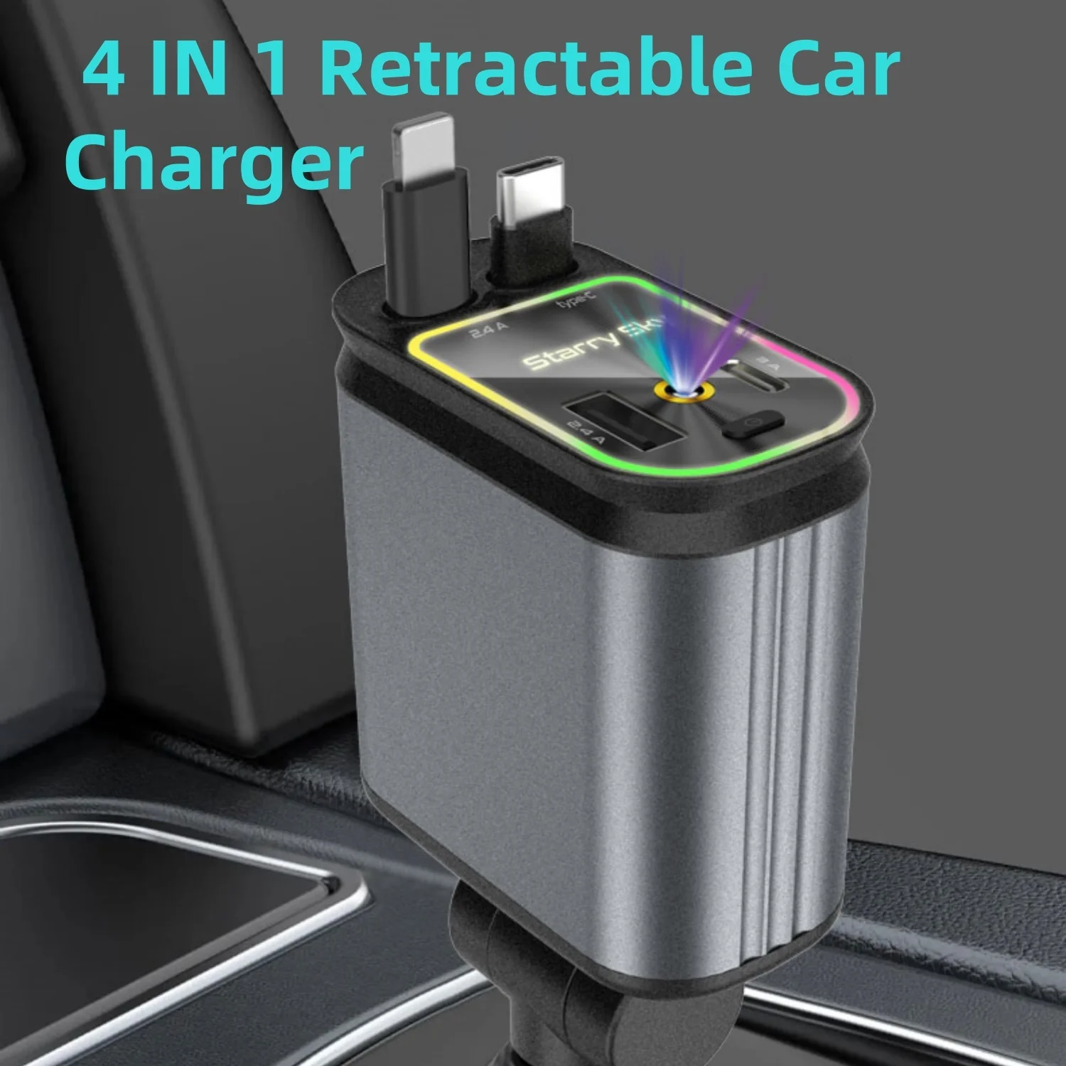 Super Fast Car Phone Charger 66W Car Phone Charger with Retractable Cables USB and Type-C Port 4 IN 1 Retractable Car Charger B1