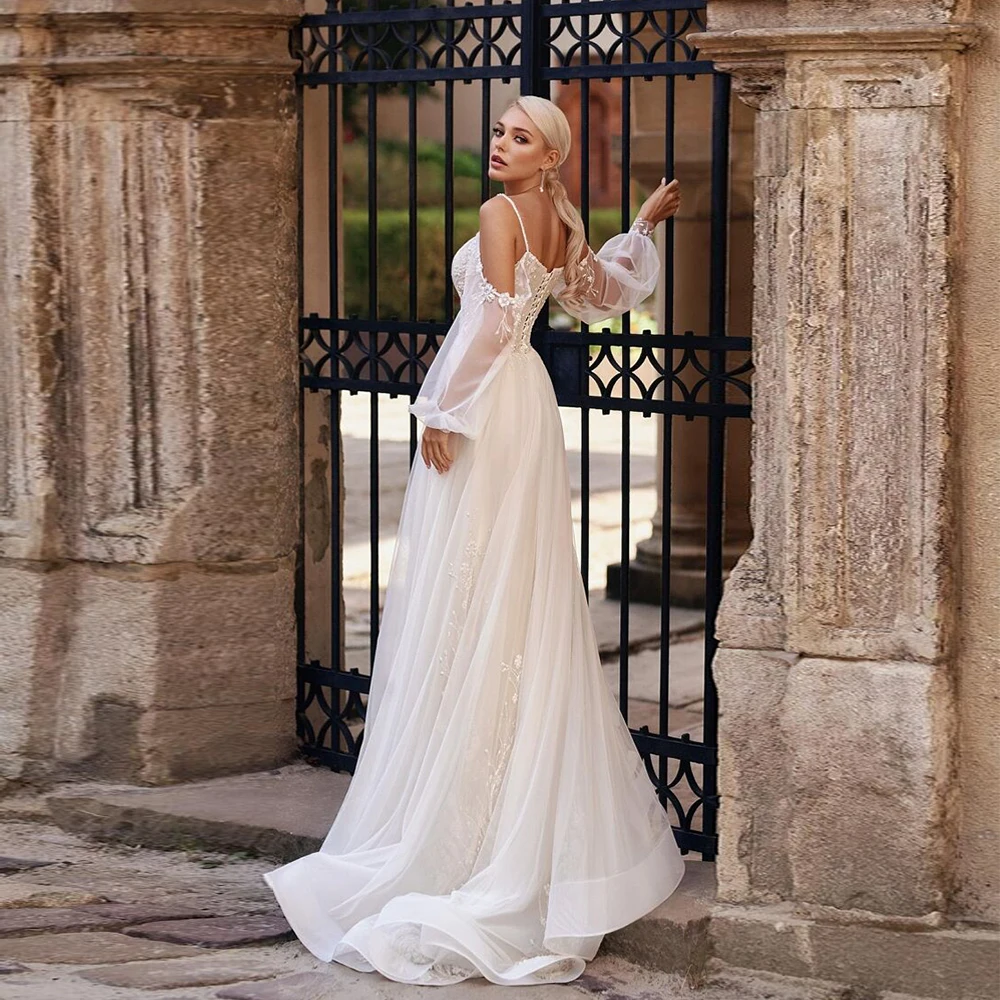 Simple Strapless Wedding Dresses Soft Tulle Bridal Gowns Court Train Full Sleeve New Vestido De Novia Modern New Robe De Summer
