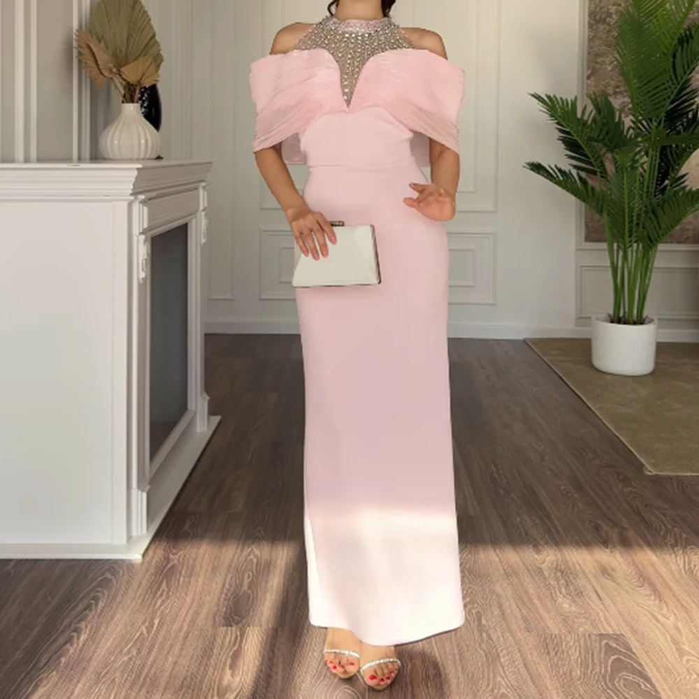 

Customized Straight Evening Dresses Ankle-length High-neck Sleeveless Prom Gown Simple Fashion Crystal Exquisite Party Gown