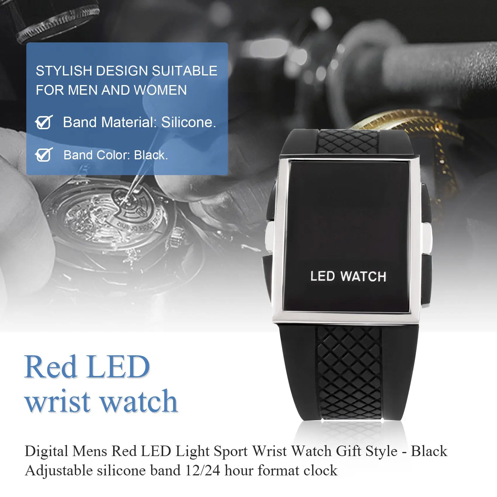 นาฬิกาข้อมือดิจิตอลสุดหรูสำหรับผู้ชาย ABQR พร้อมไฟ LED สีแดง สไตล์สปอร์ต ของขวัญ - สีดำ