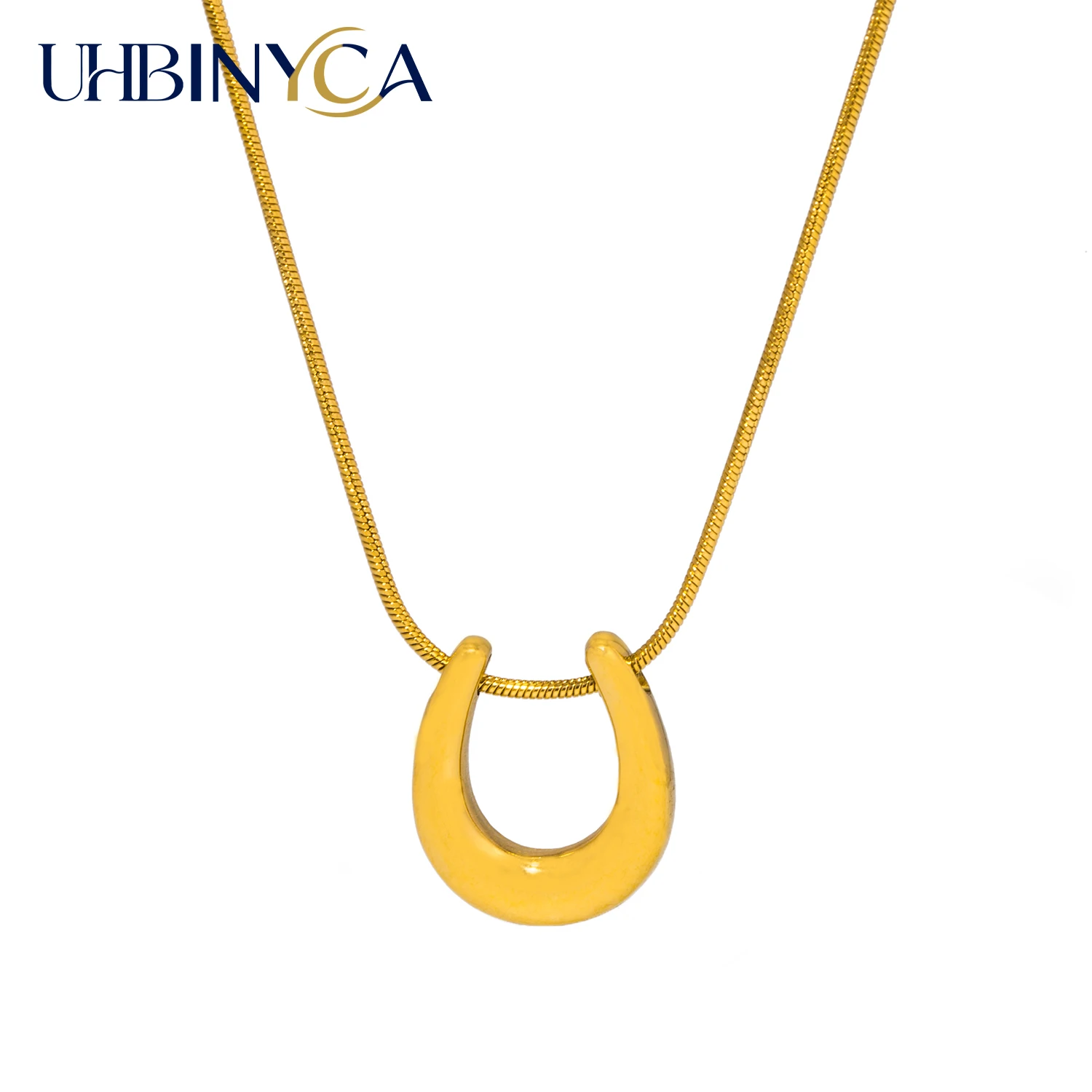 Minimalist U-shaped Horseshoe Pendant Necklace for Women, Stainless Steel Gold-plated Jewelry
