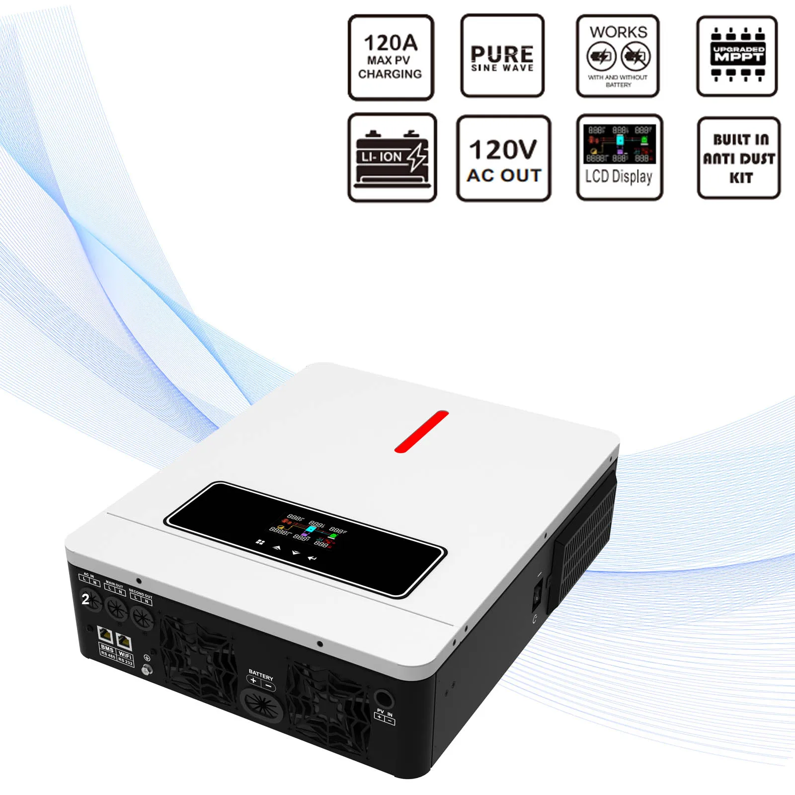 Imagem -02 - Inversor de Onda Senoidal Pura Híbrido 3.6kw 120a Mppt Controlador Solar dc 24v para ac 120v 3600w Liga Desliga da Rede