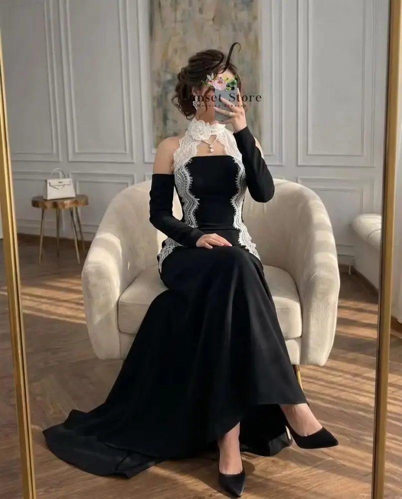 Customized  Black Halter Evening Dress Off the Shoulder Full Sleeve Formal Gown Satin White Lace Wedding Guest Outfit