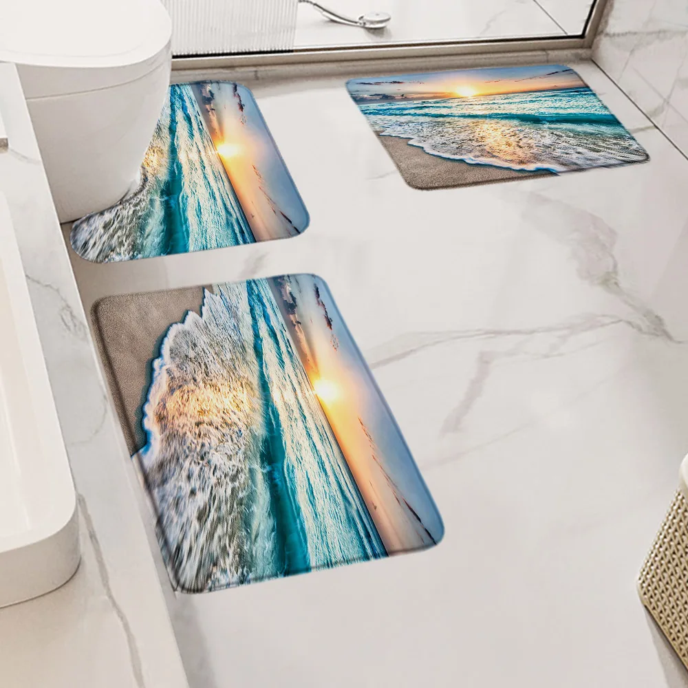 Ocean Beach Bath Mat Set Sea Waves Coconut Trees Starfish Dolphin Nature Scenery Carpet Bathroom Decor Non-Slip Rug U Shape Mats