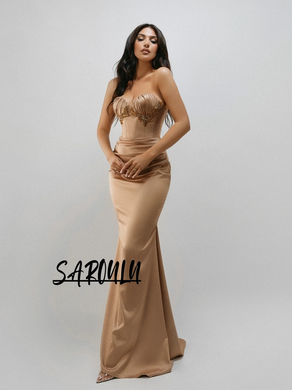 

Sexy Satin Mermaid Evening Dress Beaded Sweetheart Neck Corset Lace Up Back Formal Gown For Prom Wedding Party Customized